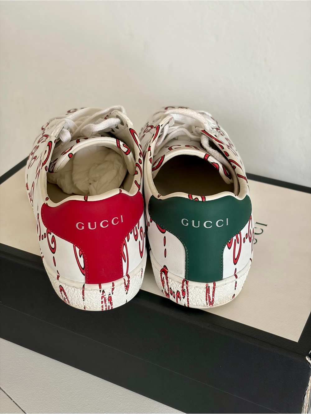 Gucci White Leather Sneakers with Red GG Motif and Green Heel Tab - Picture 3 of 11